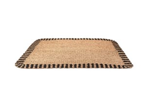Tapis rectangulaire en jonc de mer naturel, tissé à la main, avec bordure à pompons noirs, pour salon, chambre, entrée, pique-nique - Product Image 1