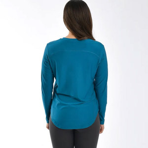 Women's Quick Dry Athletic Loose Fit Active Yoga <b>Long</b> Sleeve Short Fitness Top Curved Hem Design Round Neck Comfortable Shirt - Product Image 2