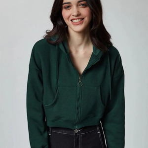 Green <b>zipper</b> hoodie women Cotton knitted full sleeve Casual autumn wear pocket Breathable solid color hoodie - Product Image 1