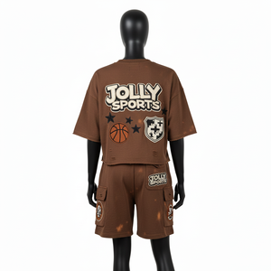 Ensemble short et t-shirt en jersey de coton marron pour femme, tissu doux et respirant, impression sérigraphique, logo personnalisé, 100% coton, crop top et short - Product Image 2