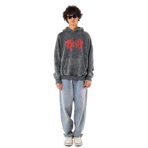Sudadera con Capucha de Felpa Lavada al Ácido para Hombre, Talla Grande, Estilo Hip Hop Desgastado, Decolorada por el Sol, Corta, Informal, Holgada, con Relieve - Product Image 1