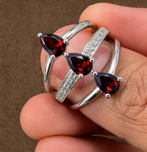 Women's Classy & Romantic Design Rhodium Plated <b>Garnet</b> Cz Three Stone Gemstone <b>Ring</b> with <b>Silver</b> Band for Wedding & Party - Product Image 2