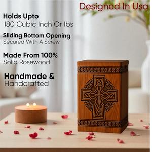 Urna celta de madera de palisandro hecha a mano, caja conmemorativa cristiana para cenizas humanas, tamaño mediano 9x5.5. - Product Image 2
