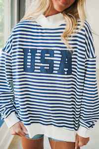 Sudadera de punto extragrande a rayas azules y blancas para mujer, con hombros caídos, manga larga, cuello redondo, para verano, cuello simulado - Product Image 3
