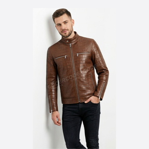 Chaqueta de Cuero PU con Estampado de Cocodrilo para Hombre, Cuello Alto, Cierre de Cremallera, Estilo Motero, Corte Ajustado, para Otoño - Product Image 3