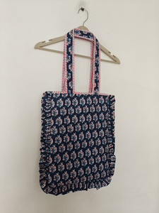 Casual <b>Navy</b> Blue Leaf Print Laptop <b>Bag</b> with Ruffle Edges Shoulder Carry Cotton Quilted Daily Use Portable Design - Product Image 2