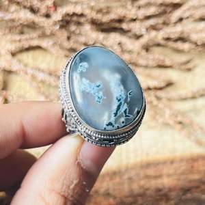Anillo llamativo de ágata musgosa, estilo bohemio, banda ovalada, de latón vintage para mujer, diseño de piedra preciosa en plata oxidada, anillo bohemio natural, venta al por mayor - Product Image 2
