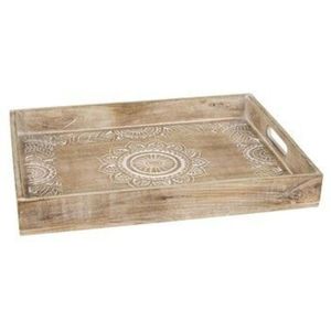 Plateau de service carré en bois de manguier fait main avec poignées découpées motif floral, grande table basse décorative en bois pour ottoman - Product Image 5