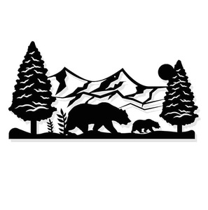 Décoration murale en métal, ours et montagne, décoration murale noire, silhouette, art mural pour la maison, la chambre à coucher, le salon - Product Image 1