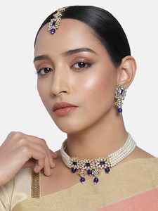 Conjunto de Collar y Pendientes de Flor Chapados en Oro con Circones, Joyería Clásica de Boda para Mujer, Imitación de Perlas y Piedra Azul, Conjuntos de Joyería de Aleación - Product Image 3