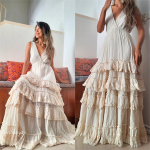 Wholesale Custom Flare Sleeve Full Ruffle White Maxi Natural Tiered Gauze <b>Boho</b> Chic Evening Beach Organic Cotton Eco-Friendly - Product Image 3