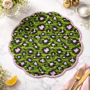 Dark Green Cotton Leopard Print Quilted Thin (0.2-0.4 In.) Reversible Modern Customizable Machine Washable Multi-Shaped <b>Placemat</b> - Product Image 1