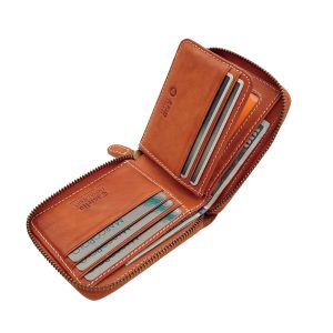 Portefeuille pour homme en cuir italien Vacchetta Castello avec fermeture éclair, porte-cartes d'identité RFID, haute qualité, embossé, marron, court, polyester, faible MOQ - Product Image 4