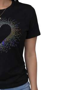 T-shirt en coton noir pour femmes avec motif cœur en strass, manches courtes, décontracté, tendance, impression de logo personnalisé, tee-shirt d'été pour femmes - Product Image 2