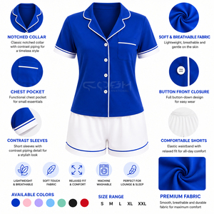 Ensemble de pyjama à manches courtes Cosh International Sisterhood Sorority, bleu et blanc, en coton, boutonné devant, vêtements de nuit décontractés, vêtements d'été - Product Image 5
