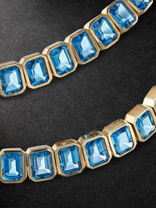 Blue Topaz Emerald Cut Tennis <b>Necklace</b> 925 Sterling Silver 14K Gold Plated Octagon Gemstone Jewelry Elegant - Product Image 3