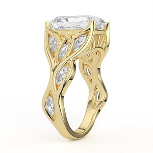 Enchanting Radiant Cut <b>Diamond</b> <b>Ring</b> Openwork Leaf Motif Yellow Gold Marquise Vine Accents Luxury Bridal Jewelry - Product Image 4