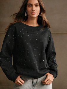 เสื้อสเวตเชิ้ตผู้หญิงทรงโอเวอร์ไซส์ คอวี แต่งคริสตัลแบบกระจายตัว ประดับด้วยจุดเพชรเล็กๆ สไตล์ลำลอง ผ้าฝ้าย - Product Image 6