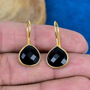 Natural Black Onyx Heart Shape Gemstone Dangle Hook Earring 18k Gold Micron Over 925 <b>Sterling</b> <b>Silver</b> - Product Image 2