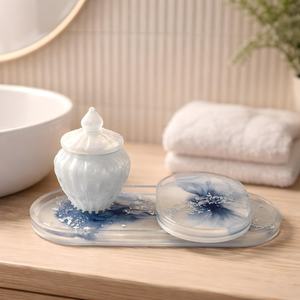 Handmade Resin <b>Vanity</b> <b>Tray</b> Set with Jar | Frosted Blue Floral Decor Organizer - Product Image 1