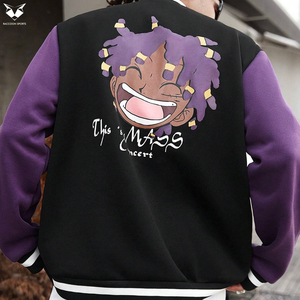 Custom Two Tone Varsity Jacket Black Purple Sleeves Contrast Ribbed Cuff Men Baseball Jacket Blank Fleece Bomber Jackets - Product Image 3