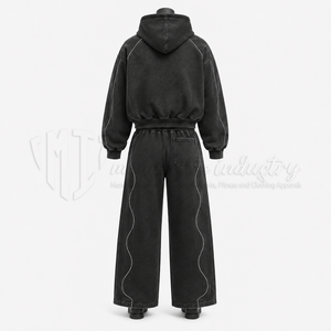 Ensemble de survêtement unisexe noir, sweat-shirt à capuche, pantalon large, streetwear décontracté, manches longues, couleur unie, fermeture à cordon - Product Image 2