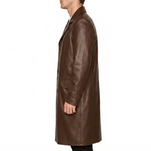 Manteau long en cuir véritable marron et noir pour homme, col rabattu, simple boutonnage, veste formelle d'hiver - Product Image 5