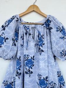 Women White Blue Floral Hand Block Printed Cotton <b>Maxi</b> <b>Dress</b> Tie Neck Puff Sleeve Loose A Line Boho Summer Vacation <b>Dress</b> - Product Image 2