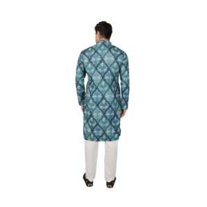 Ensemble Kurta Pajama brodé pour homme - Vêtement ethnique traditionnel en soie Dola bleue - Product Image 3