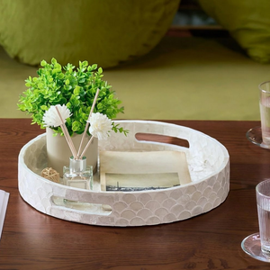 Stunning Mosaic Pattern <b>White</b> Mother Of Pearl Round Serving Tray Detailed Inlay For Luxury Décor Wholesale - Product Image 2