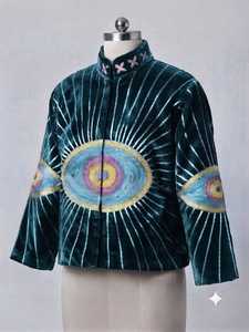 Teal Green Velvet Stand Collar Jacket Men Vintage Suzani Print Ethnic Open Stitch Outerwear Bohemian Style Eco-Friendly <b>Winter</b> - Product Image 4