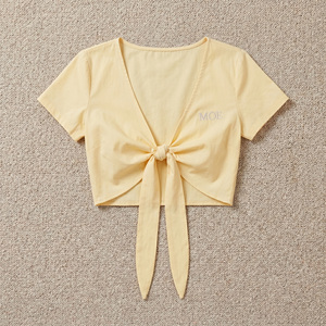 V-Neck Wrap Tie Front women's shirt Cutout Detail Spring Summer Casual <b>Top</b> Cotton Customizable Branding Half Sleeves Crop <b>Top</b> - Product Image 3