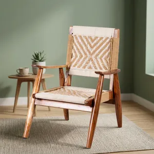 Vintage <b>Wooden</b> Armrest Chair with Handwoven Cotton Rope Backrest and Seat <b>Rustic</b> Indoor Lounge Furniture for Living Room Bedroom - Product Image 6