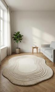 Modern <b>Abstract</b> Wavy Oval Wool Anti-Slip Area Rug Soft Tufted Cream Beige Ripple Line Shaped for Living Room Bedroom - Product Image 5