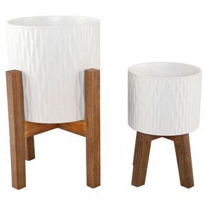 Maceta Moderna de Metal con Soporte de Madera, Maceta Blanca Esmaltada para Interiores, Diseño Minimalista con Patrón Circular - Product Image 2