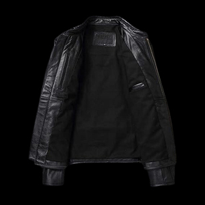 Men's Genuine Leather Moto <b>Jacket</b> Stand Collar Zipper Closure Solid Color Regular Sleeve Autumn Wear - Product Image 3