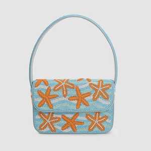 Bolso de Hombro con Diseño Único de Estrellas de Mar Naranjas y Cuentas, Bolso de Mano con Estampado de Olas Azules y Cuentas de Vidrio, Bolso de Playa de Verano para Mujer - Product Image 1