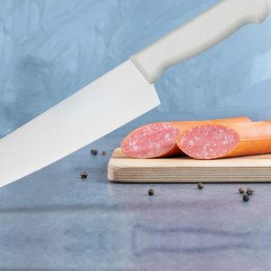 Couteaux de cuisine de chef à manche profilé blanc avec lames pointues argentées et bord plat pour trancher la viande et hacher les légumes - Product Image 6