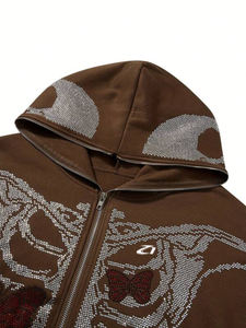 Sudadera con capucha de algodón polar marrón con cremallera completa y diamantes de imitación, estilo esqueleto, para hombre, con logotipo personalizado, fabricación estilo vintage - Product Image 5