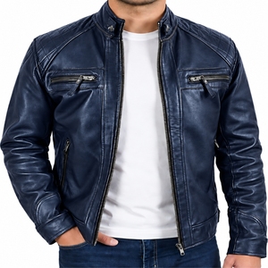 Men <b>Leather</b> <b>Jacket</b> Modern Slim Fit Casual Style Full Zip FrontStand Collar Moto Style Regular Fit <b>Long</b> Sleeves <b>Jacket</b> For Men - Product Image 1