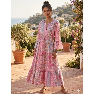 Robe longue décontractée en soie tissée indienne, style bohème naturel, géométrique coréen Y2K, taille unique, col rond, pour l'été - Product Image 1