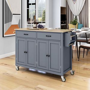 Carrello da Cucina con Piano in Legno Massello da 54,3 Pollici, 4 Ante, Due Cassetti, Portaspezie, Portasciugamani e Ruote Bloccabili - Product Image 1