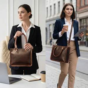 Bolso Tote Cuadrado Vintage de Cuero Genuino Marrón para Mujer, Ligero y Duradero, con Asa Superior y Cierre de Cremallera Doble - Product Image 3