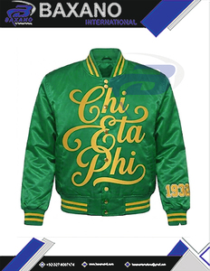 Chaqueta Bomber de Satén de Invierno de la Hermandad Chi Eta Phi con Letras Griegas Amarillas en Relieve, Chaqueta Bomber de Satén CEPhi Resistente al Viento - Product Image 4