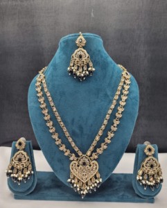 Pear Cut Stone Dual Layer Necklace With Earrings and Mangtika For Women Traditional Ethnic Wear Designer <b>Jewellery</b> Manufacturers - Product Image 2