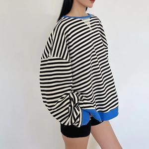OEM Customized Logo <b>Patchwork</b> Jumper Cotton Long Sleeve Casual Crew Neck Pullover <b>Tops</b> Striped Oversized Sweatshirt for Women - Product Image 2