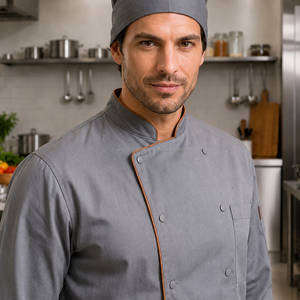 Ensemble uniforme de chef professionnel gris en coton : veste, tablier, pantalon et casquette pour personnel de restaurant, unisexe, manches longues, fermeture boutonnée - Product Image 3