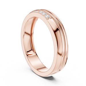 Bague de mariage pour homme en or rose avec diamant de laboratoire, 3 diamants ronds, design rainuré, style moderne poli - Product Image 3