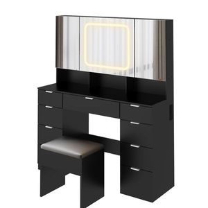 Grande Set da tavolo a 3 luci a LED con cassetti portaoggetti sgabello completo trucco nero vanità ammortizzato mensole per camera da letto - Product Image 5
