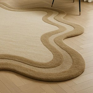 Handmade Retro Modern Boho Wool Rug Wavy white <b>Carpet</b> with Irregular Shape Custom Floor Art for Home Living Room Washable - Product Image 3